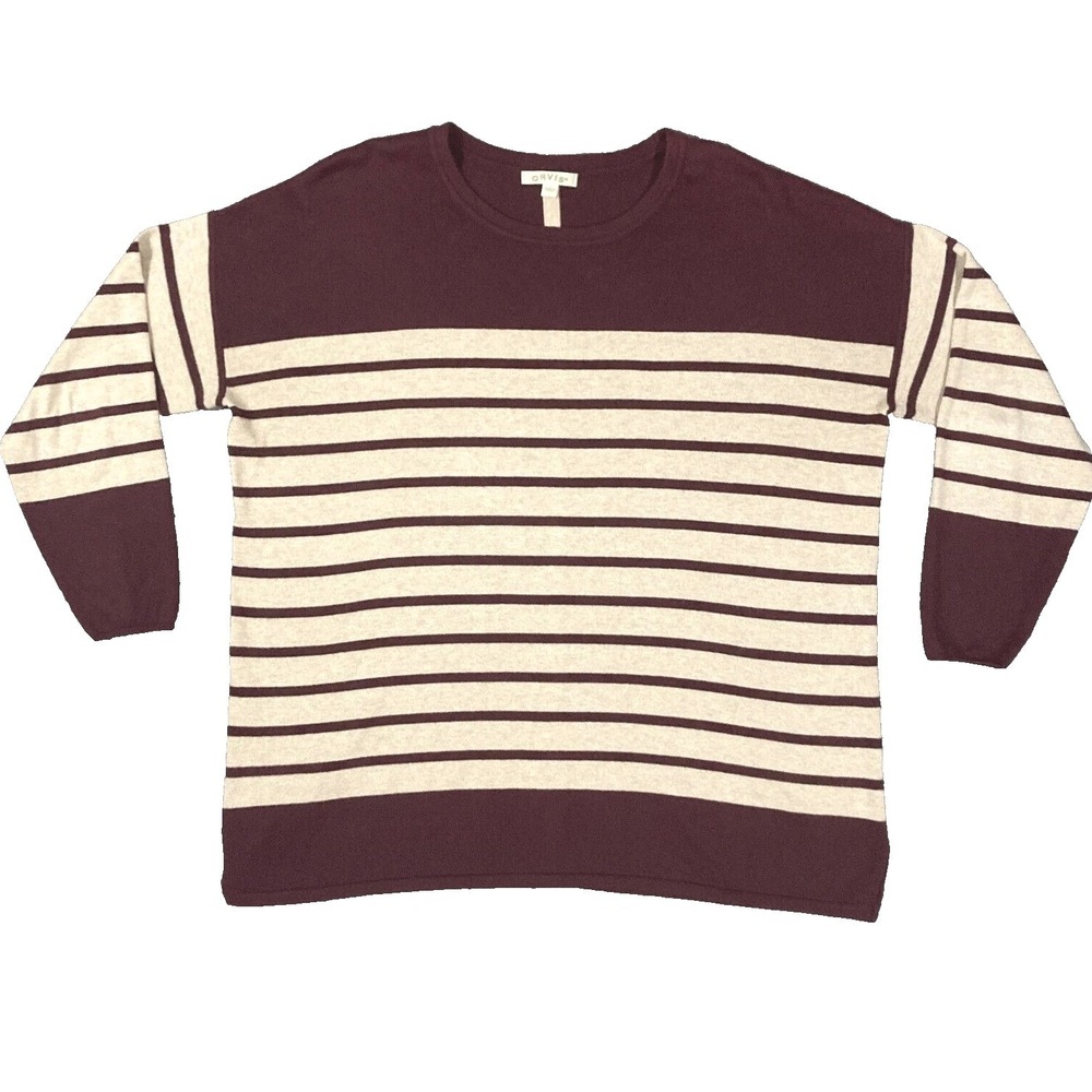 Orvis Cashmere Silk Sweater Womens L Burgundy Cream Striped Lightweight Pullover